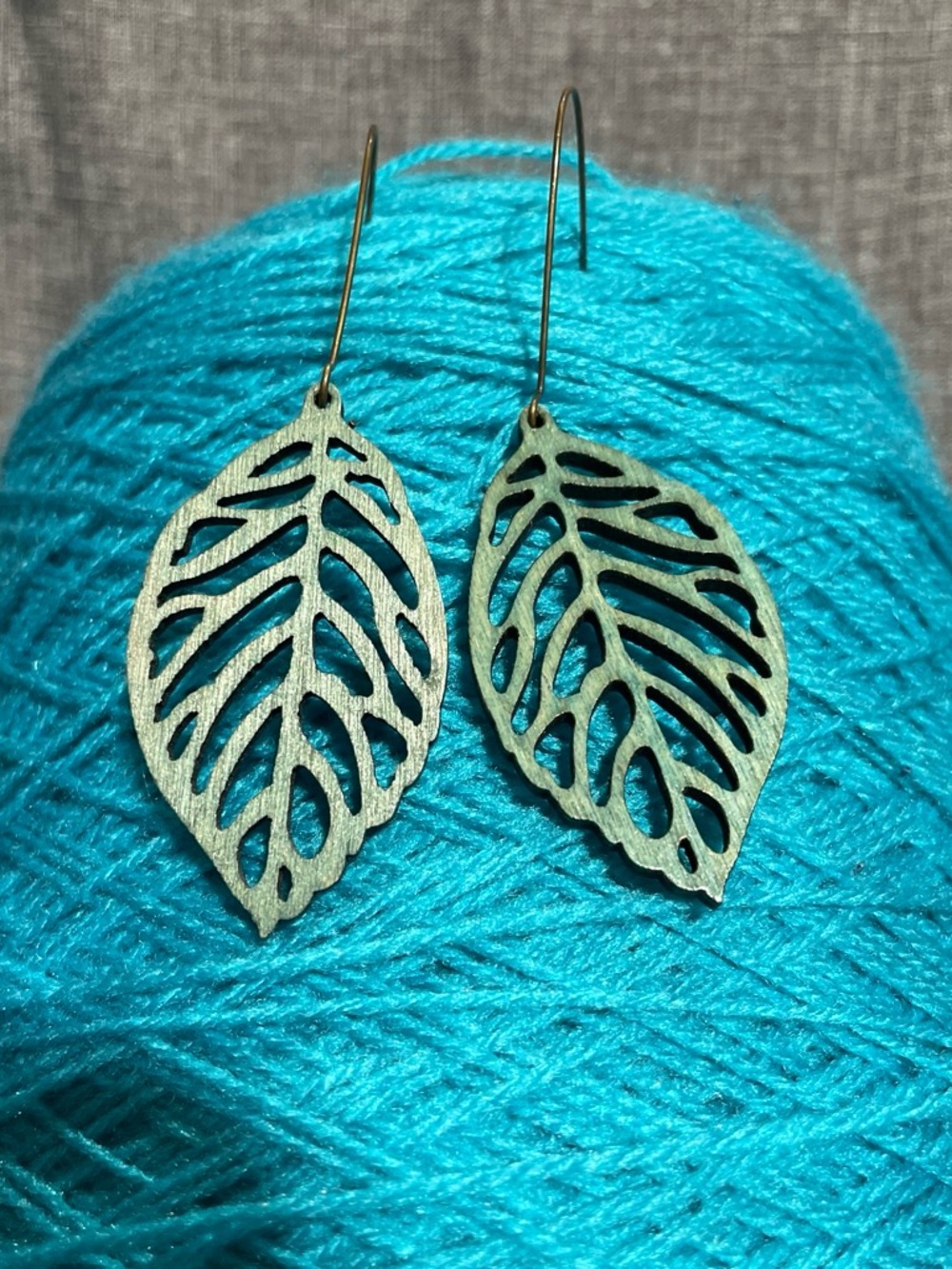 Teal Leaf Wooden Earrings